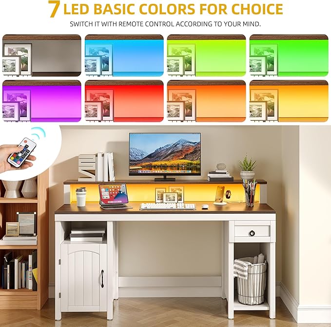DWVO Farmhouse Office Desk with Drawer & Power Outlets, Wood Computer Desk w/LED Strip & Monitor Stand for Bedchamber Study, Home Office Table with Storage Cabinet for Working Writing Gaming (White)