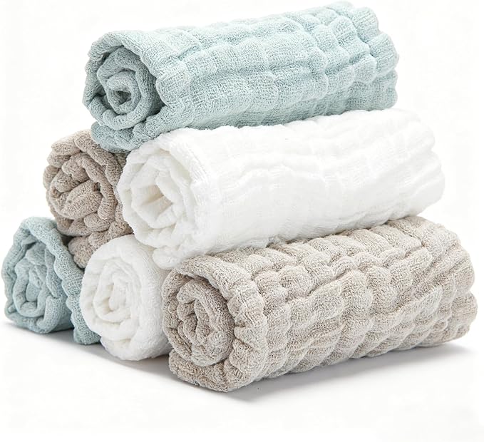 Organic Muslin Baby Washcloths 6 Pack Baby Bath Face Towel 12x12 Inch Extra Absorbent and Soft Burp Cloth and Wash Cloths for Newborn-Infants On Sensitive Skin (White Green Brown)