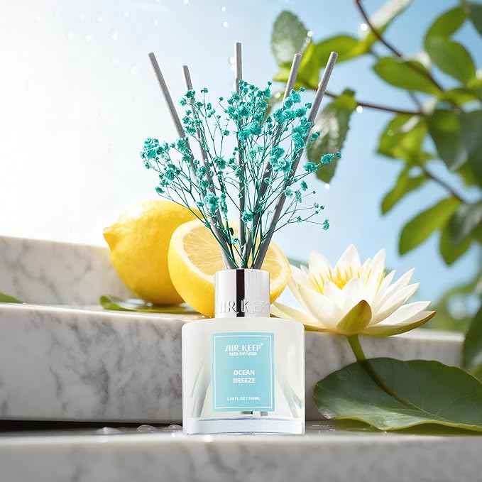 Airkeep Reed Diffuser Set,3.38 fl oz (100 ml) - Ocean Breeze Oil Diffusers with 8 Reed Sticks, Home Fragrance Reed Diffuser for Bathroom Shelf Decor