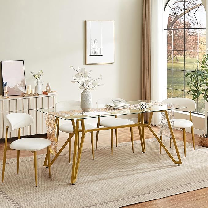 71 inch Glass Dining Table for 4 6 8, Modern Rectangular Kitchen Table and Table Runner, Clear Tempered Glass Tabletop and Gold Metal Legs Dining Room Dinner Table for Kitchen,Living Room, Offices