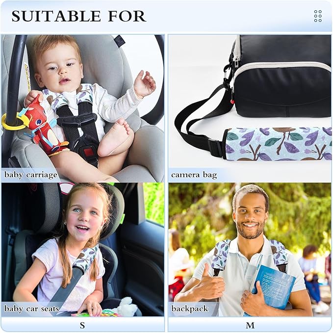 2 Pack Seatbelt Covers Seat Belt Cover Pad for Adults Boys Girls Car Seat Strap Covers Pads Cushion Universal Shoulder Strap Pad Protector for Backpack Camera Bag 10x7.7Inch Cartoon Sloths Branch Purp