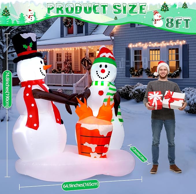 Outdoor Christmas Decoration, 8FT Inflatable Christmas Snowmen with Fire Flame Lights Decorations,Outdoor Christmas Blow Up Yard Decorations with Built-in LED for Outside, Holiday Lawn,Yard, Garden