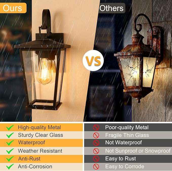 Kalium Outdoor Wall Lights Fixtures Lantern Frame 16 1/8", Outside Lights Black Transitional Durable Metal, Clear Glass for Post Exterior Barn Deck House Porch Yard Patio Garage Garden