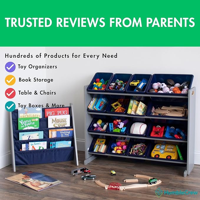 Humble Crew Supersized Toy Storage Organizer with 16 Removable Bins, Grey/Navy – Large Toy Storage for Toddlers Ideal for Kids' Rooms, Playrooms, and Nurseries - Modern Toy Bins for Kids
