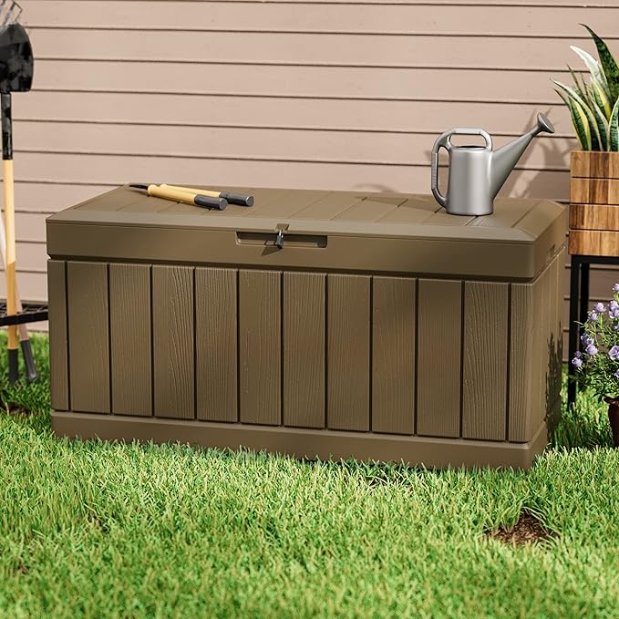 Greesum 82 Gallon Resin Deck Box All Weather Large Outdoor Storage for Patio Furniture, Toys, Garden Tools, Lockable, Brown