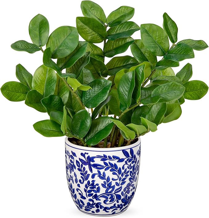 Briful Faux Plants Indoor 15.7in Fake ZZ Silk Plant in Blue and White Ceramic Pot Realistic Artificial Tropical Plant for Home Office Room Kitchen Shelf Decor