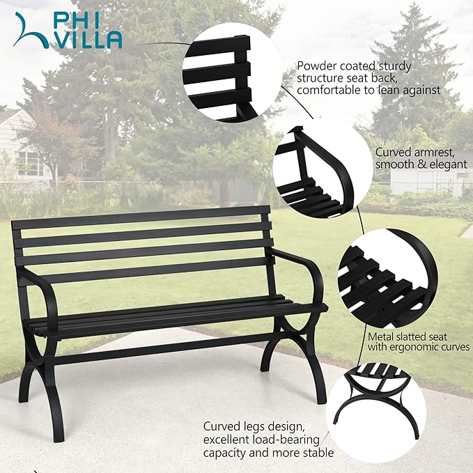 PHI VILLA Outdoor Garden Bench, 48” Long Metal Steel Bench with Backrest and Armrests, Modern Slatted Design for Patio, Lawn, Yard, Porch - Black