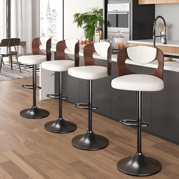 VECELO BarStools Set of 4,Kitchen Island Stools with Bentwood Back,Arm&Footrest,Counter Height Bar Chairs PU Leather Cushion Seat Adjustable Height 360°Swivel,Island Chairs for Club Pub,Creamy White