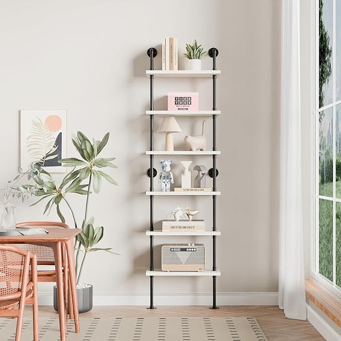 Industrial Ladder Pipe Shelves, Wall Mounted Wood Metal Rustic Bookshelf for Living Room (White, 6 Tier - 10" D x 24" W x 82.5" H)