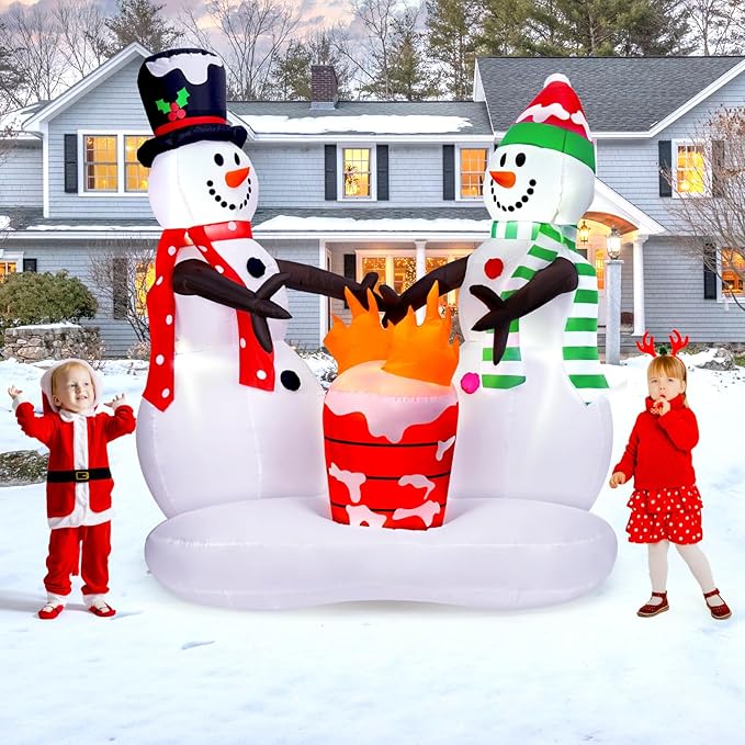 Outdoor Christmas Decoration, 8FT Inflatable Christmas Snowmen with Fire Flame Lights Decorations,Outdoor Christmas Blow Up Yard Decorations with Built-in LED for Outside, Holiday Lawn,Yard, Garden