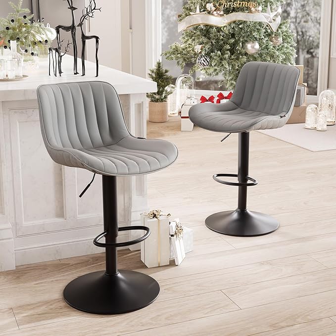 YOUNUOKE Counter Height Bar Stools Set of 2 Upholstered Kitchen Island Barstools Adjustable Swivel Stools with Back Mid Century PU Leather Padded Chairs Grey