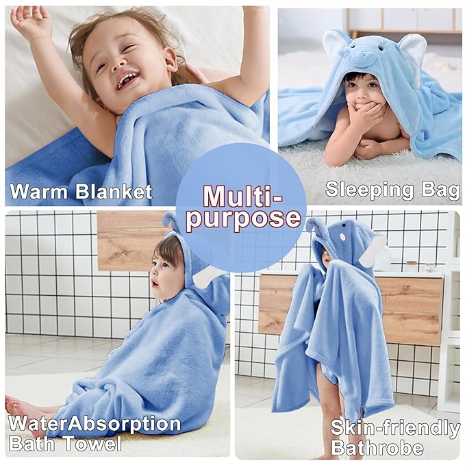 ROMASA Baby Bath Towel Ultra Soft Hooded Towel Highly Absorbent Bathrobe Blanket Toddlers Shower Gifts for Boys Girls-27.5" x 55" (Blue Elephant)