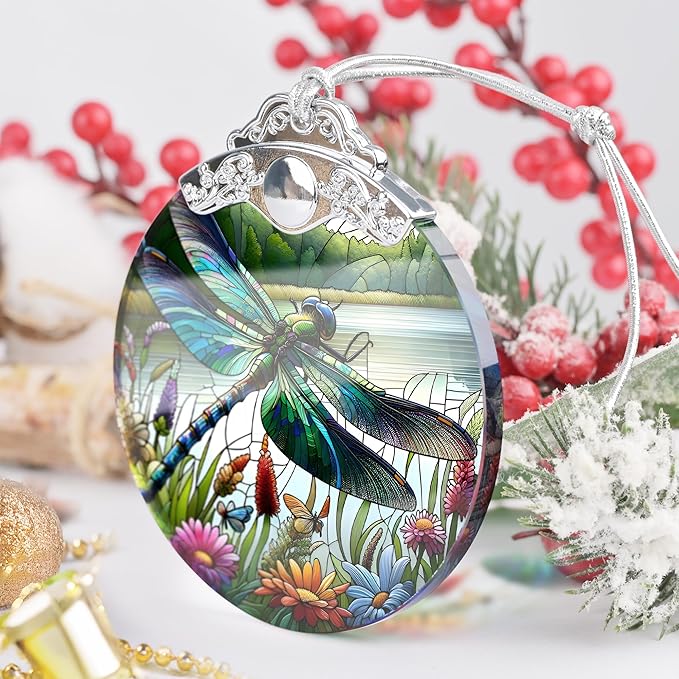 Dragonfly Stained Glass Christmas Ornament - Holiday Tree Decoration, Home Decor, Gift Idea With Wildflower Design