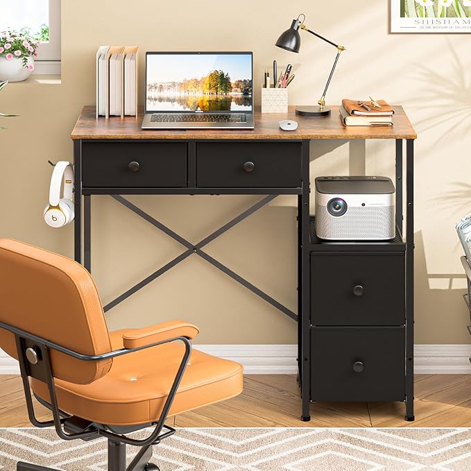 Small Computer Desk with 4 Fabric Drawers, Simple Writing Desk for Home Office, Compact Study Desks for Small Spaces, Kids Desk Study for Bedroom, Rustic Brown