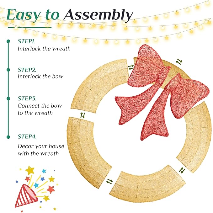 Sweetcrispy 36in Pre-Lit Christmas Wreath, LED Lighted Holiday Outdoor Decoration with Bow for Door, Mantel, Wall, Windows, Front Door Decor, Gold Wreath - Red Bow