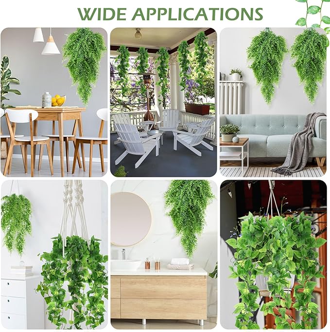 Hoteam 12 Pcs Artificial Hanging Plants 32 Inch Fake Ivy Vines with Fake Leaves Patio Artificial Plants Greenery for Living Room Indoor Outdoor Wall, No Basket (Pothos,Persian Grass)