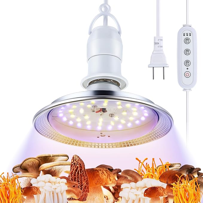 Meonum Mushroom Grow Light with 3/6/9 Hour Timer, 360° LED Hanging Grow Lights Bulb for Mushroom with 6.5ft Extension Cord, 6000K Blue&5000K White Lamp for Indoor Plants Growing Kit Supplies (1 Pack)