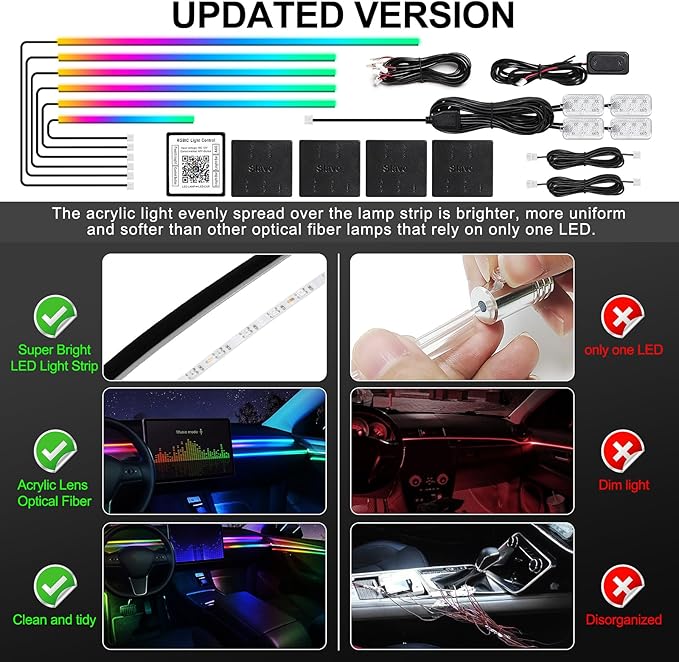 Dreamcolor Acrylic Interior Car LED Strip Light with Wireless APP, RGB 10 in 1 with 175 inches 612 LEDs Fiber Optic Car Ambient Lighting Kits, Dynamic Chasing Music Sync Neon LED Strip Lights for Car