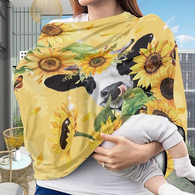 GIFTPUZZ Yellow Sunflower Cow Nursing Cover for Baby Breastfeeding, Baby Carseat Canopy for Spring Autumn Winter, Infant Car Canopy Breathable Windproof Universal Fit