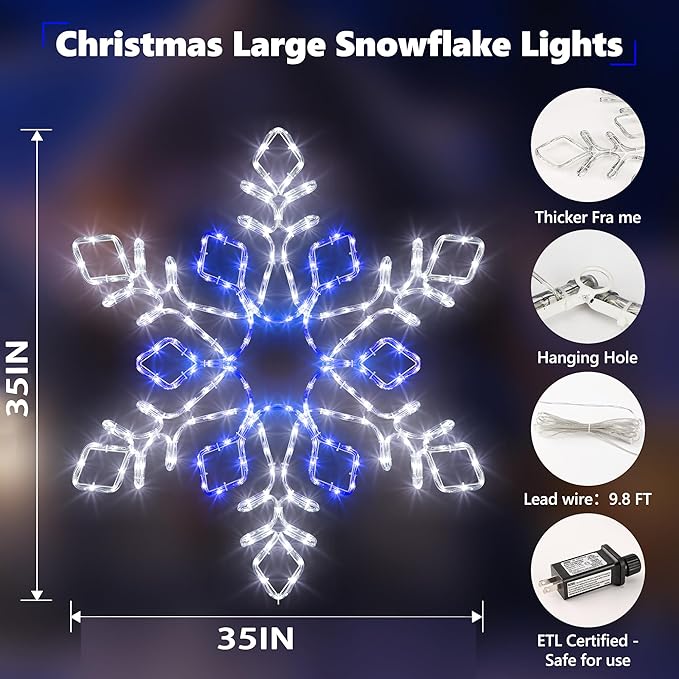 Christmas 35'' Snowflake Lights Decoration - Outdoor Waterproof Christmas Lights Super-Bright White and Blue with Ultimate Timer for Outdoor Home Party Wall Hanging Light