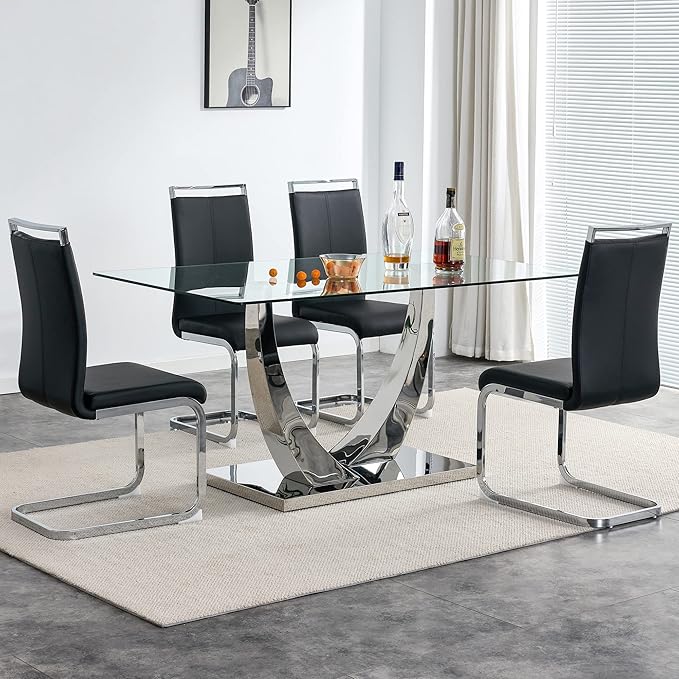 Modern Rectangular Glass Dining Table for 6-8 with Tempered Glass Tabletop and Silver Chrome Metal U-Shaped Pedestal for Kitchen Dining Living Meeting Room Banquet Hall (Silver7)