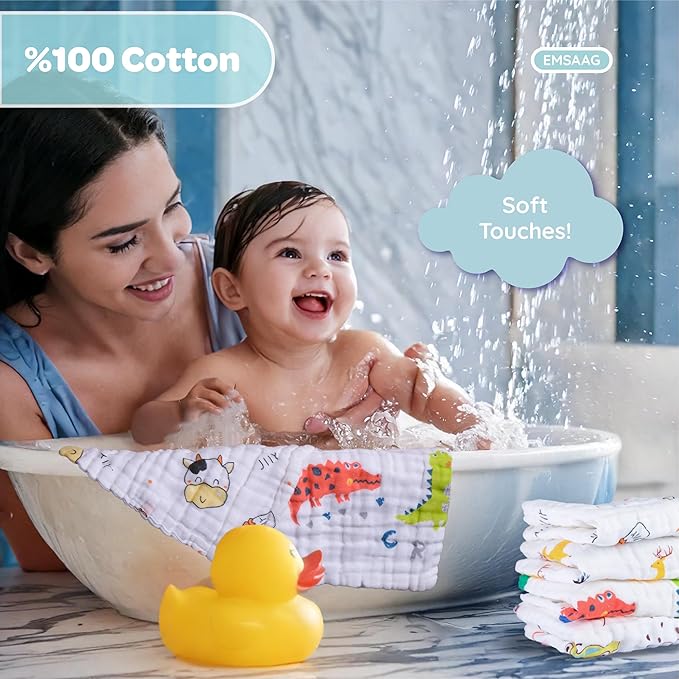 Muslin Baby Washcloths Pack of 7-Gift Boxed Mixed Patten, Absorbent Baby Bath and Face Towels,100% Cotton Baby Wipes Newborn,Burp Cloths,Feeding Towels for Babies and Infants,Reusable-10x10