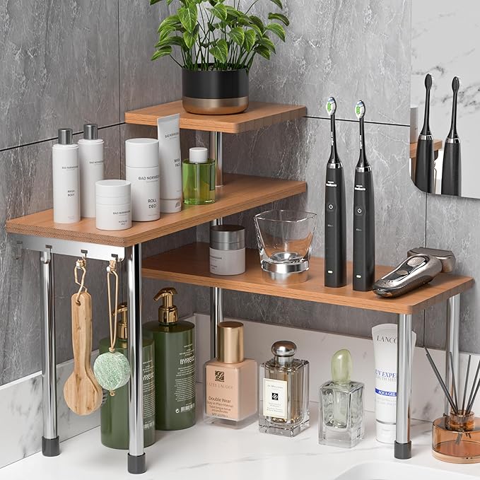 ZHWS Bathroom Counter Organizer Corner Countertop Shelf Adjustable 3 Tier Corner Shelf Kitchen Counter Organizer with 4 Metal Hooks for Bathroom Counter, Makeups, Dresser Table, Over Sink