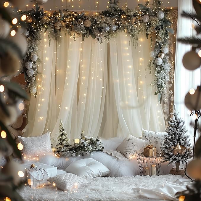 Fomcet Ivory Tulle Backdrop Curtains with Lights String 10FT X 10FT Sheer Curtain with Lights Tulle Curtains Backdrop for Wedding Birthday Party Photo Shoot (2 Panels 5x10FT)