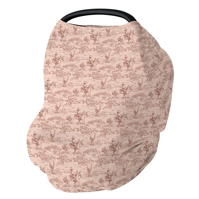 Vintage Western Cowboy Baby Car Seat Covers Retro Cowboy Cactus Horse Stretchy 5-in-1 Cover Adjustable Infant Carseat Canopy Cover Wild Desert Country Breathable Nursing Cover-Up