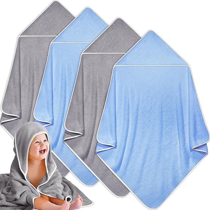 Reginary 4 Pack Baby Hooded Towels Coral Fleece Baby Bath Towels 30 x 30 Inch Soft Absorbent Hooded Bath Blanket for Newborn Toddler Infant Boy Girl Shower Gift Supplies (Gray, Blue)
