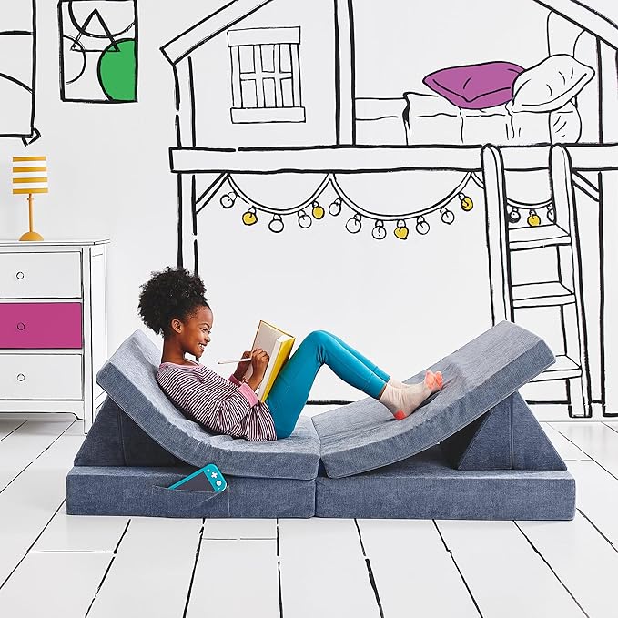 Yourigami Kids and Toddler Play Couch, Convertible Folding Sofa, Durable Foam Modular Design, Blue Lagoon