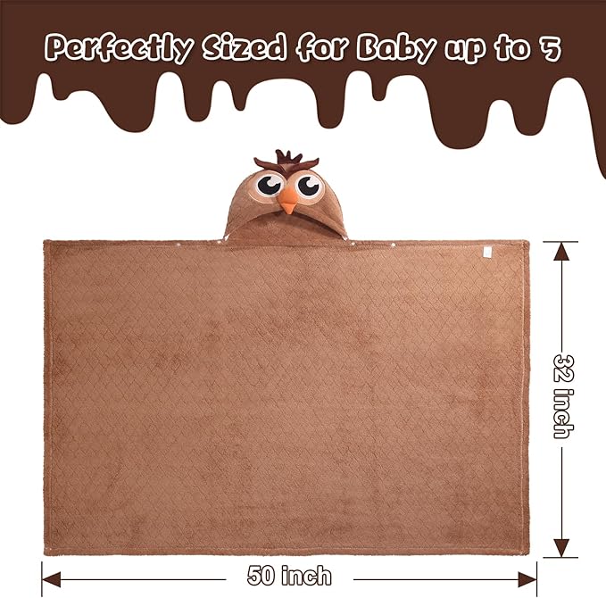 Baby Hooded Towels for Boys 0-5 Years,Ultra Thick Soft & Absorbent Towel for Toddler Boy, 50 x 32 Inches Large Size Coral Fleece with Animal Hood and Buttons, Brown Owl