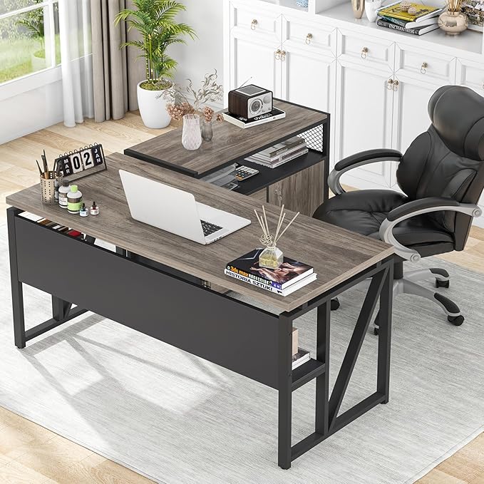 Tribesigns L Shaped Desk with Drawer Cabinet, 55" Executive Computer Desk and lateral File Cabinet, 2 Piece Home Office Furniture with Drawers for Hanging File, Doors with Locks (Gray, 55 inches)