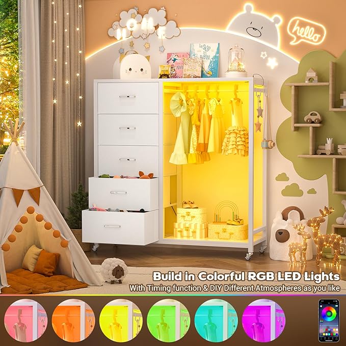 Cyclysio Dresser for Bedroom with Clothes Rack, 5 Fabric Drawers Dresser with Charging Station & LED Lights, White Storage Chest of Drawers with Wheels, Wooden Top, Lockable Wheels, Closet, White