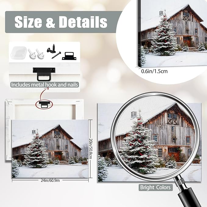 Rustic White Barn & Christmas Tree Winter Landscape Canvas Wall Art - Farmhouse Christmas Framed Canvas Prints, Rustic Christmas Wall Decor for Living Room, Cozy Christmas Gifts & Festive Decorations