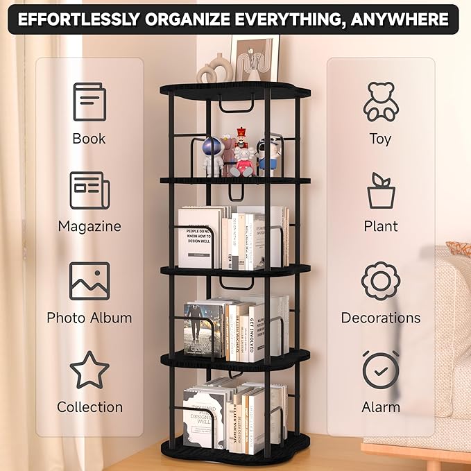 4-Tier Rotating Book Shelf, 360° Display Spinning Bookshelf Tower, Book Organizer, Floor Standing Bookcases for Small Space, Corner Book Shelf for Bedroom, Living Room, Study Room (Black)