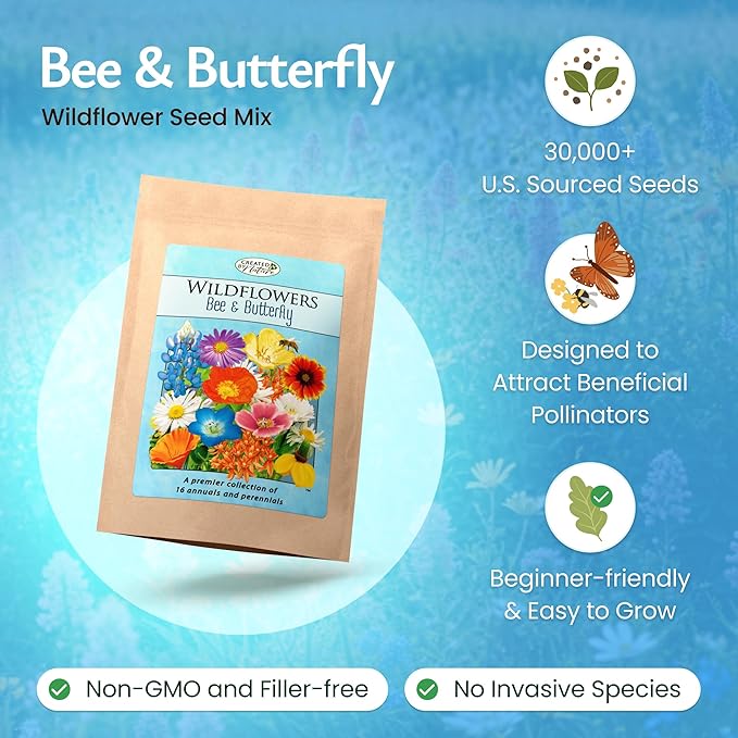 Created By Nature Bee & Butterfly Wildflower Seed Mix, 16 Varieties, 30,000 Seeds