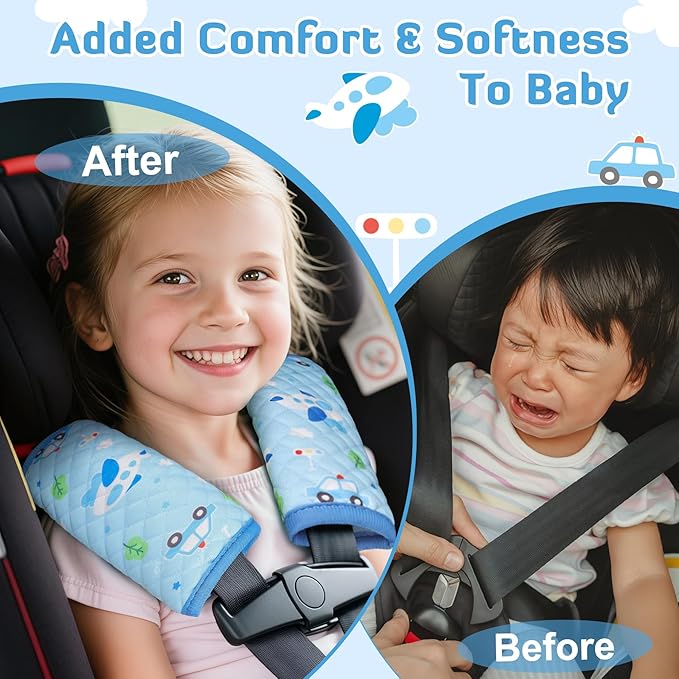INFANZIA Car Seat Strap Covers for Infants Babies, Soft Carseat Shoulder Pads for Kids, Double-Sided Use Seatbelt Cushion Covers for Stroller, Pushchair & High Chair (Blue)