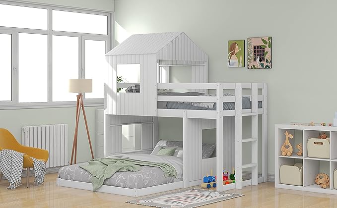 Ball & Cast Twin Over Full Playhouse Bunk Bed with Ladder and Window,Farmhouse Wood Bunkbed w/Full-Length Guard Rail & Slat Support,Space Saving,Bedroom Furniture for Student Dorms,White