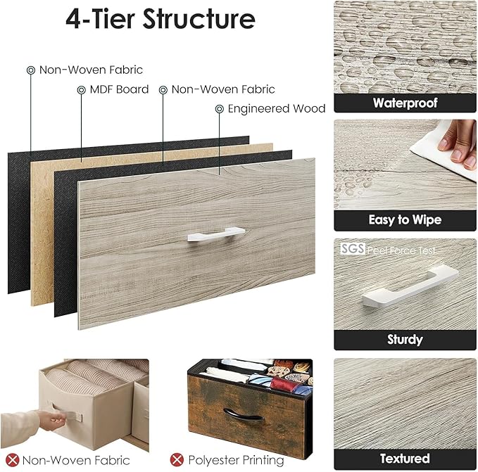 Nightstand, End Table, Bedside Table, Tall Fabric Dresser with 3 Drawer, White Drawers Small Chests of Drawers Organizer Storage Tower with Steel Frame, Wooden Top & Front for Bedroom