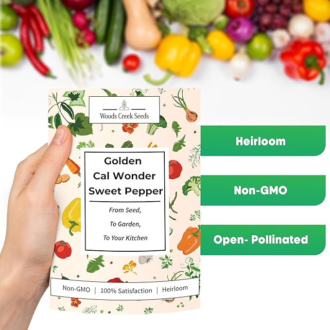 Woods Creek Seeds: Golden Cal Wonder Sweet Pepper Seeds for Planting - Non-GMO and Heirloom Bell Pepper Seeds for Planting Outdoors or Indoors for Home Plant Gardens - Sweet Golden Bell Peppers Seed