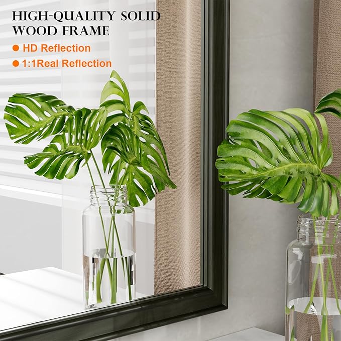 WallBeyond Wood Mirror for Wall Decor 18x24 Inch Small Bathroom Vanity Rectangle Mirror for Hallway Bedroom Living Room(Horizontal/Vertical Black)