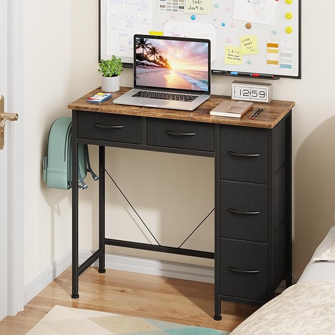 Small Desk with 5 Fabric Drawers, 33 Inch Computer Desk for Home Office, Simple PC Desks for Small Places, Kids Girls Teen Wrting Table Study Table for Bedroom Dorm, Rustic Brown