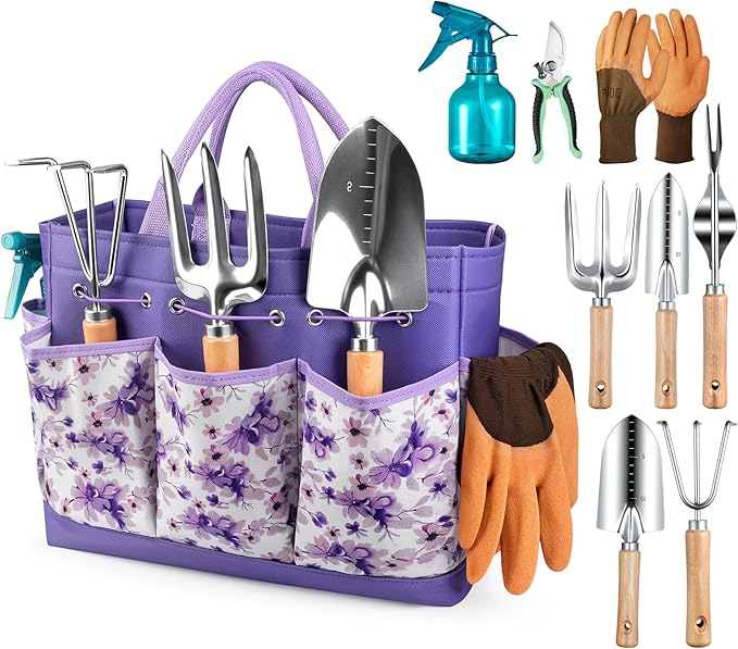 Gardening Tools 9-Piece Heavy Duty Garden Hand Tools with Fashion and Durable Garden Tools Organizer Handbag, Rust-Proof Garden Tool Set, Ideal Gardening Gifts for Women (Purple)