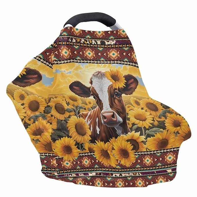 Cow Sunflower Car Seat Covers Dust Cover Decorative Washable Stroller Canopy Covers Lightweight Windproof Stretchy Car Seat Canopy Cover Easy Cleaning