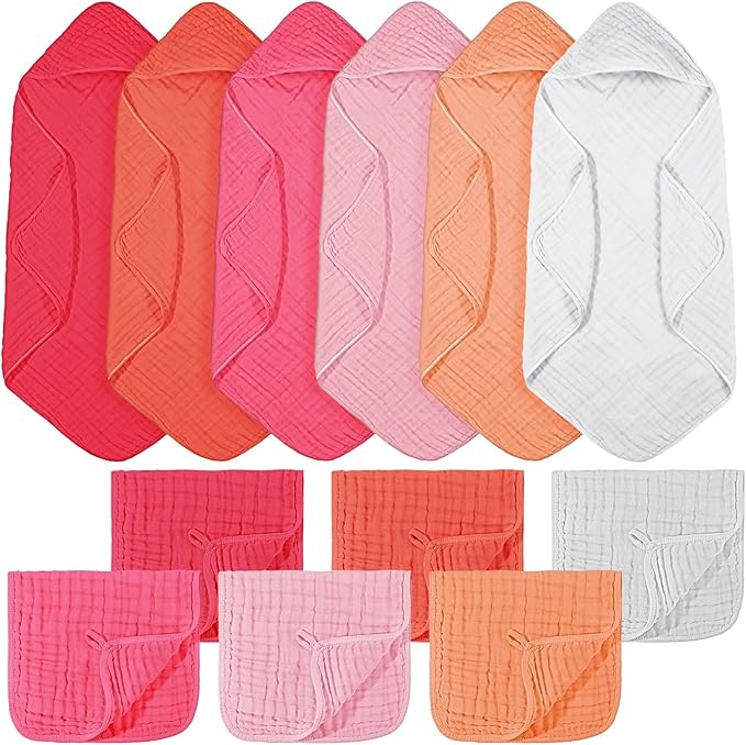 VitalCozy 12 Pcs Baby Muslin Hooded Bath Towels and Washcloths, Muslin Hooded Baby Towels Absorbent Blankets for Gift Newborn Infant Shower (Vibrant Colors)