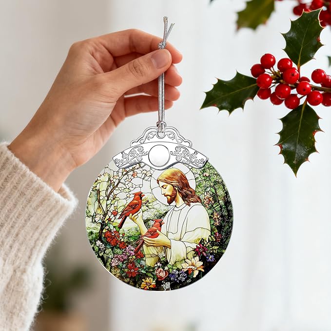 Jesus with Cardinals Ornament, Christian Christmas Ornament, Religious Christmas Decor, Jesus Christ Decoration, Memorial Gift, Christian Gifts, Religious Gifts, Gift Idea