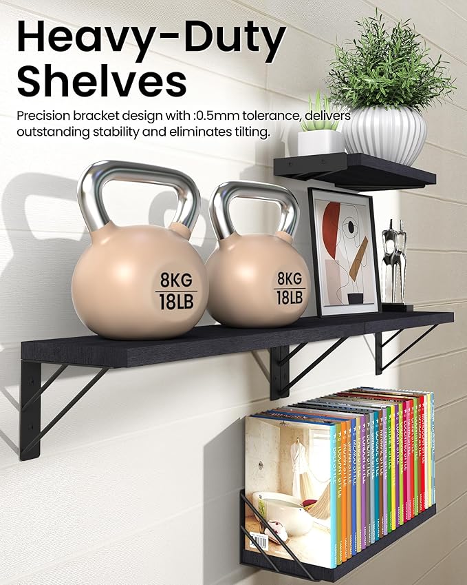 BAYKA Wall Shelves for Bedroom Decor, Floating Shelves for Wall Storage, Display Mounted Rustic Wood Shelf for Books,Plants,Corner Shelves for Bathroom,Kitchen,Living Room(Set of 4)