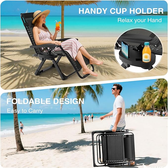 Suteck Zero Gravity Chair, Reclining Camping Lounge Chair w/Removable Cushion, Upgraded Lock and Cup Holder, Reclining Patio Chairs Folding Recliner for Indoor and Outdoor
