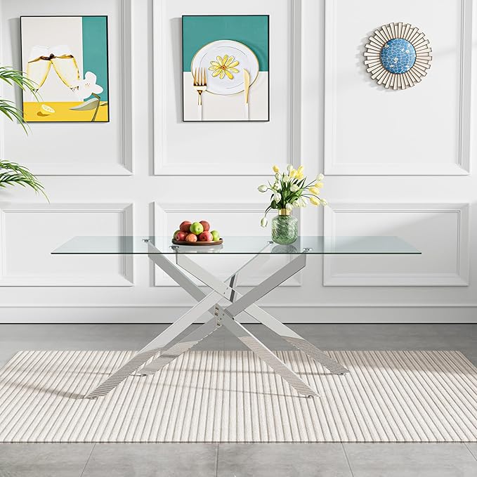 60" Rectangular Glass Dining Table Modern Kitchen Glass Top Table for 6 with Silver Metal Legs, Clear Dining Table Kitchen Table for Home Office Dining Room